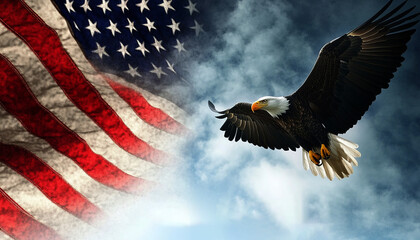 Naklejka premium Veterans Day poster with American flag and bald eagle flying in the sky background,