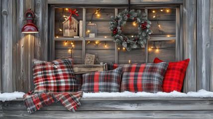 Fototapeta premium Rustic Christmas Market Window Display with Handcrafted Goods