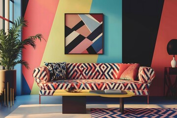 A colorful art deco living room featuring a bold sofa, geometric patterns, and luxurious materials, interior furniture design, 3D render, Home decor, Wall Mockup