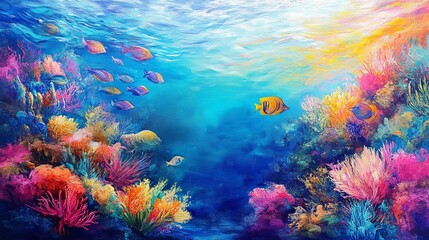 Fototapeta na wymiar Coral reefs, tropical fish, and underwater scenes with bright colors