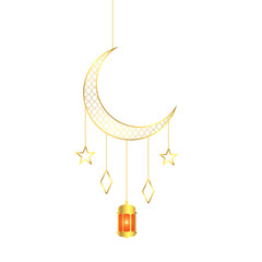 Golden moon with islamic design, ramadan kareem month with burning lantern and stars