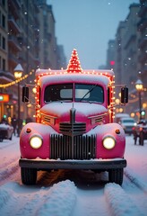 A pink truck decorated with Christmas lights drives down a snowy street in the evening