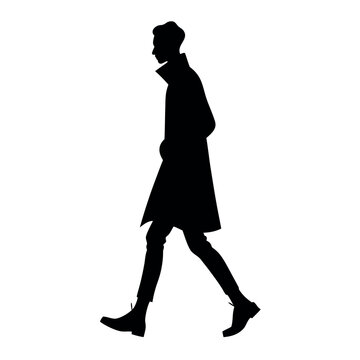 recommend clip art: a silhouette of a person walking in a stylish trench coat and boots