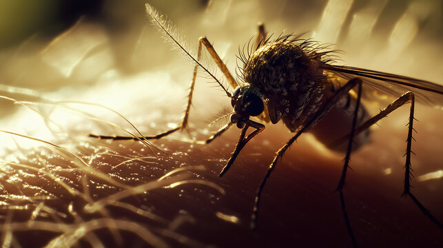 Closeup of a mosquito biting human skin