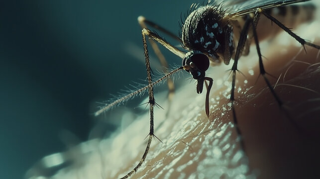 Closeup view of a mosquito biting human skin