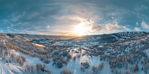 Fototapeta premium Panoramic drone view of snowy mountains