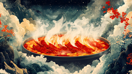 Hot pot with flame and smoke traditional Chinese painting atmosphere