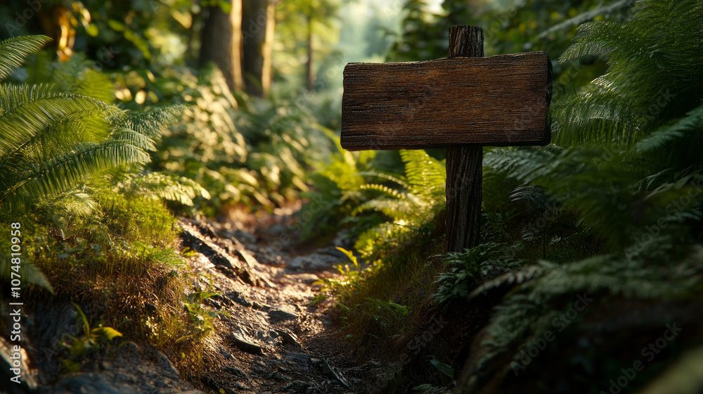 Poster A sign is on a path in a forest