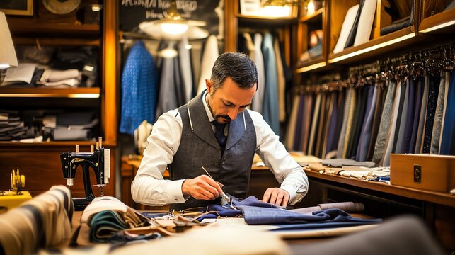 Tailor perfects custom suit in old-world workshop setting