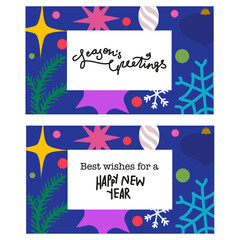 Merry Christmas and Happy New Year greeting card set. Minimal modern Xmas design with typography and beautiful geometric snowflakes, Christmas tree and balls. Art banner, poster, postcard