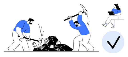 Workers breaking rocks with pickaxe and hammer, person using a laptop, check mark symbol. Ideal for teamwork, hard work, digital transformation, problem-solving, project management, communication