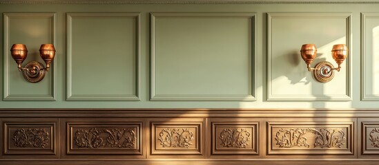 Realistic 3D depiction of a room with pale olive walls and rustic copper sconces.