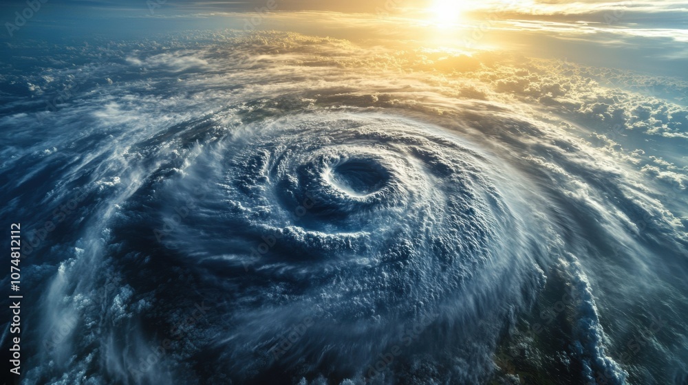Poster A hurricane develops in the open ocean as the sun sets, with swirling clouds and intense winds visible across the vast waters. Generative AI