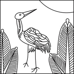 線画正方形花札　睦月　松　鶴　1月　松に鶴