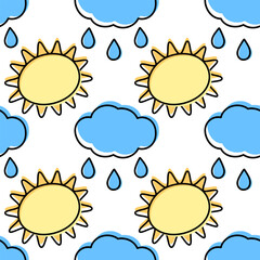 Outline Sun with rays and Cloud with drops filled not along contour Seamless pattern. Seasonal fond