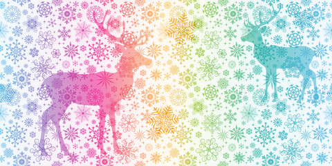 Vector seamless christmas rainbow pattern with doodle snowflakes and deer on a white background