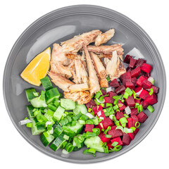 Pieces of baked fish with salad vegetables isolated on white background. Healthy lunch menu. Diet food