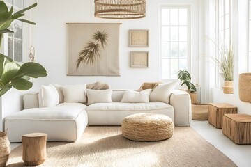 A bright and airy living room with a large sofa, light colored walls, and beachy decor, interior furniture design, 3D render, Home decoration, Wall Mockup