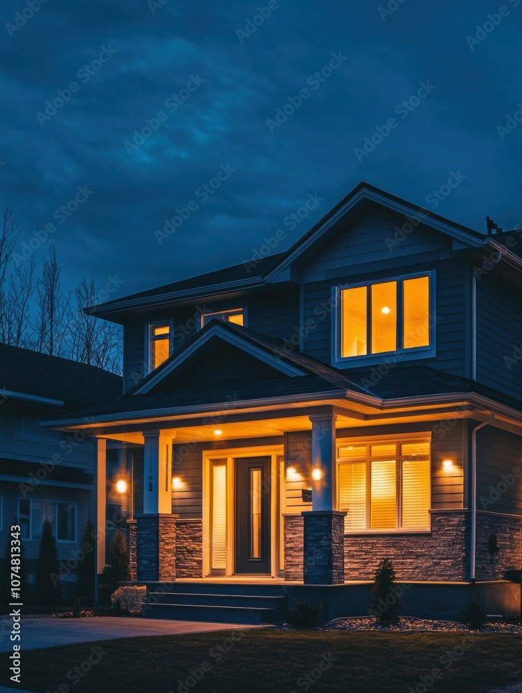 Aufkleber the contemporary house stands out at night, showcasing bright windows and a secure atmosphere with i
