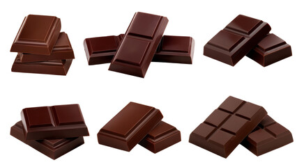 Dark chocolate chunks isolated on white background. Collection.