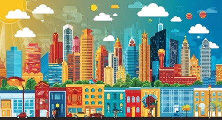 Obraz premium Colorful city life scene and atmosphere in illustration background