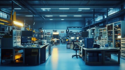 Blue-lit Electronics Workshop