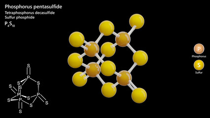 Molecule: Diphosphorus Pentasulfide. Molecular structure. Formula: P4S10. Chemical model: Ball and stick. Black background. 3D illustration.