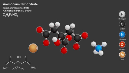 Molecule: Ammonium Ferric Citrate. E381. Molecular structure. Formula: C6H8FeNO7. Chemical model: Ball and stick. Gray background. 3D illustration.