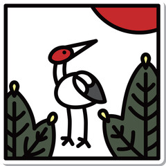 ステッカー正方形ミニ花札　睦月　松　鶴　1月　松に鶴