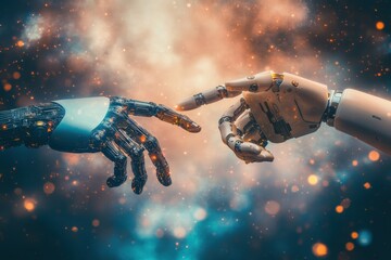 A human hand extends toward a robotic hand, symbolizing the connection between humanity and technology in a dynamic environment. Generative AI