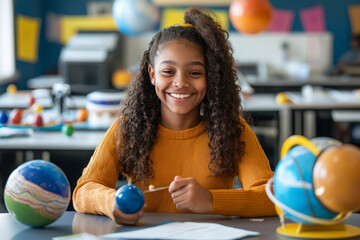 happy girl student with curly hair, smiling while studying science in classroom filled with globes and models. Her enthusiasm for learning is evident