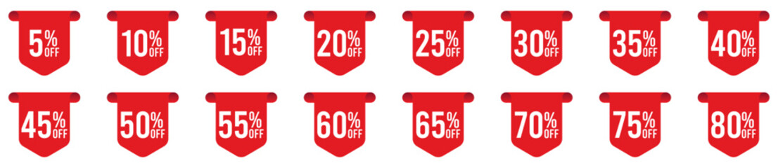 Red discount label set. Sale sticker product tag vector collection. Shopping percent badge signs from 5 to 80 percent off.