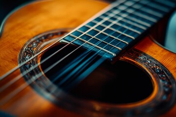 Fototapeta premium Close-up of a wooden acoustic guitar.