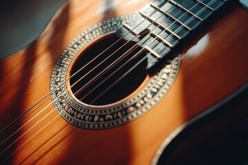 Obraz premium Close-up of an acoustic guitar's sound hole.