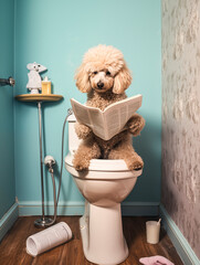 Pudel sitzt auf der Toilette und liest Zeitung, Toilettenbilder mit Hund, Haustier Portrait Toilettenschild, Lustige Toiletten Regeln mit einem Hund, 