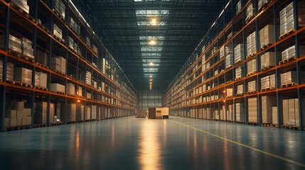 Smart warehouse. Automatic stock storage, modern distribution building, ecommerce warehouse, digital logistics, smart package hardware, AI delivery system, innovation in cargo, commercial storehouse