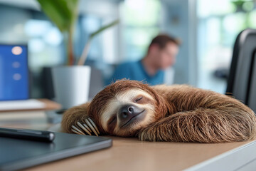 Naklejka premium sloth peacefully sleeping on desk in office, surrounded by greenery and relaxed atmosphere. scene captures unique blend of nature and work life