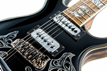 Black electric guitar with intricate details.