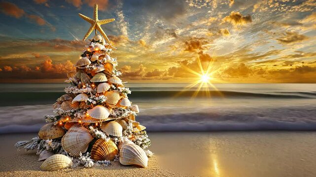 Christmas tree decorated with seashells and starfish on a beach at sunset. Tropical Christmas and holiday celebration concept	
