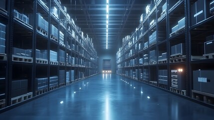Fototapeta premium Smart warehouse. Automatic stock storage, modern distribution building, ecommerce warehouse, digital logistics, smart package hardware, AI delivery system, innovation in cargo, commercial storehouse
