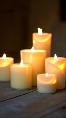 A serene arrangement of glowing candles on a wooden surface, creating a warm ambiance.
