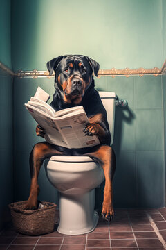 Rottweiler sitzt auf der Toilette und liest Zeitung, Toilettenbilder mit Hund, Haustier Portrait Toilettenschild, Lustige Toiletten Regeln mit einem Hund