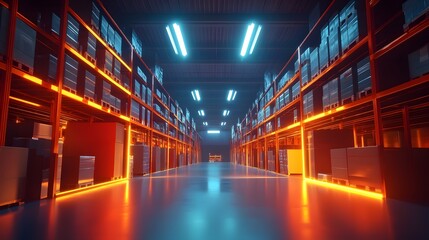 Fototapeta premium Smart warehouse. Automatic stock storage, modern distribution building, ecommerce warehouse, digital logistics, smart package hardware, AI delivery system, innovation in cargo, commercial storehouse