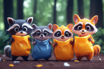 Adorable raccoons cleaning up forest with bags AI generated