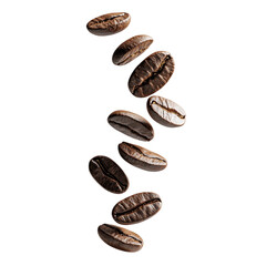Falling coffee beans isolated on a transparent background. Dynamic, high-quality image of coffee beans in mid-air, ideal for cafe designs, branding, and beverage advertising, Generative AI