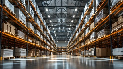 Fototapeta premium Smart warehouse. Automatic stock storage, modern distribution building, ecommerce warehouse, digital logistics, smart package hardware, AI delivery system, innovation in cargo, commercial storehouse