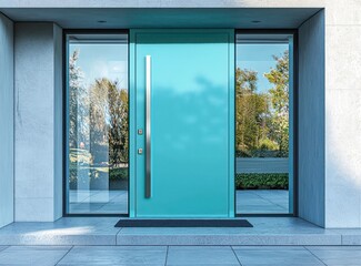 Fototapeta premium Contemporary aqua blue door complemented by large glass panels in real estate photography.