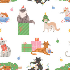 Christmas cats seamless pattern. Cat wear red Santa hat, play with garland and sitting in gift box. Winter holiday print design, vector background