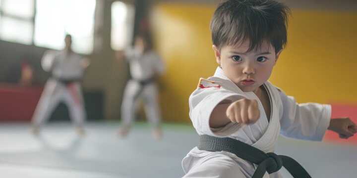 A child practicing martial arts, mid-kick, with a look of focus and precision, symbolizing discipline
