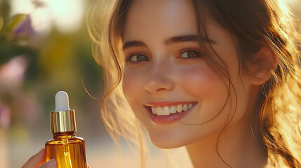 Fototapeta premium Smiling Woman Holding a Dropper Bottle - Illustration